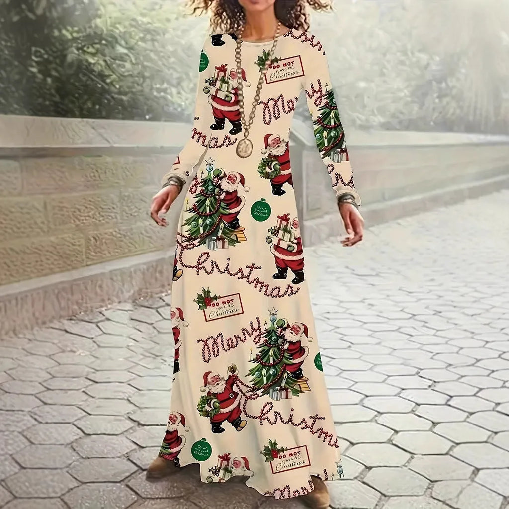 Santa Claus printed long sleeve polyester dress with leather stitching, black colour, front view