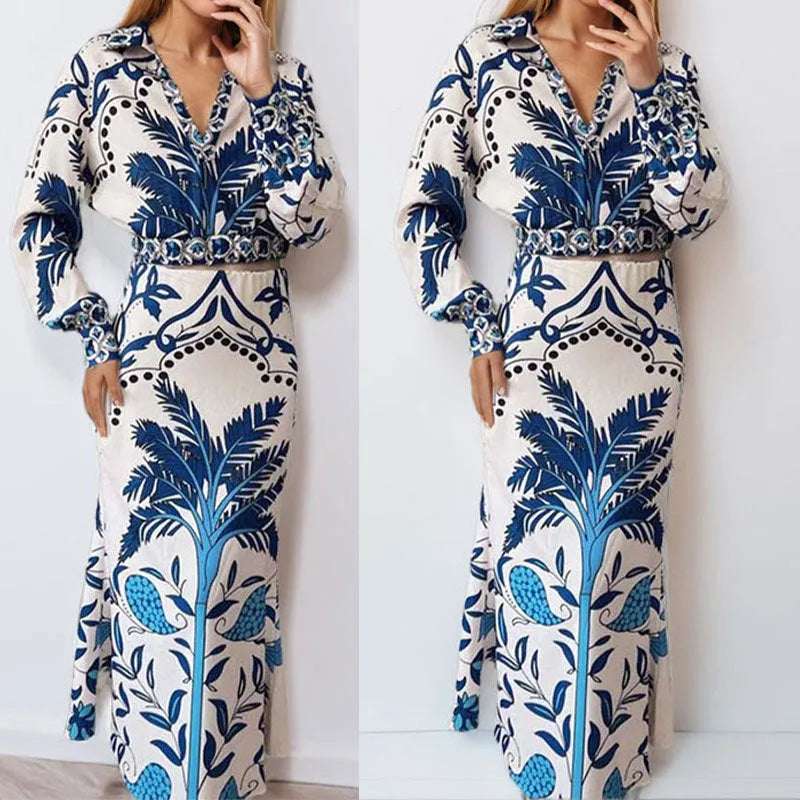 Women's floral print two-piece casual set with long sleeves and a long skirt in picture colour.