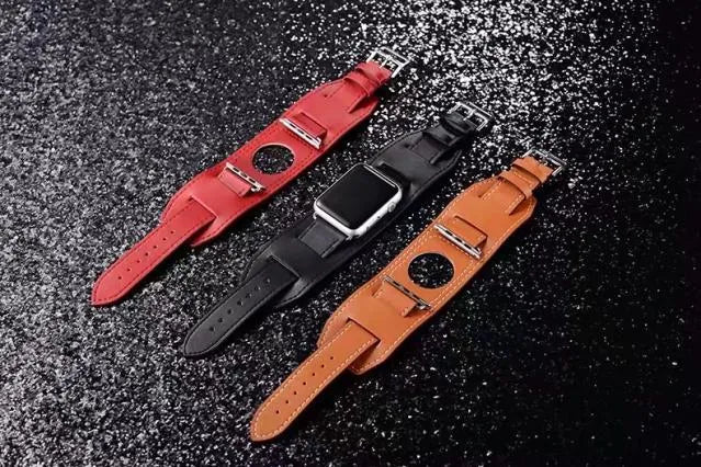 Genuine leather watch band replacement strap in brown, 42mm width, belt-style buckle