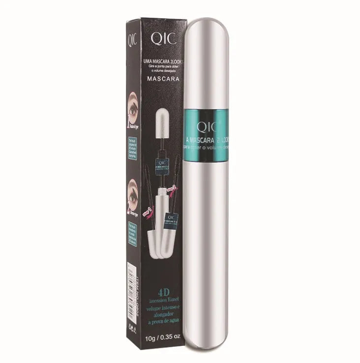 Two-in-one double mascara in silver packaging, volumising and lengthening formula, waterproof and smudge-resistant