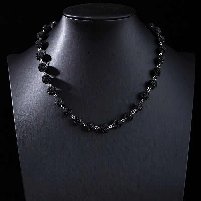 Alloy hip hop waist chain with diamond ball zipper detail, 115cm length, black colour option on display