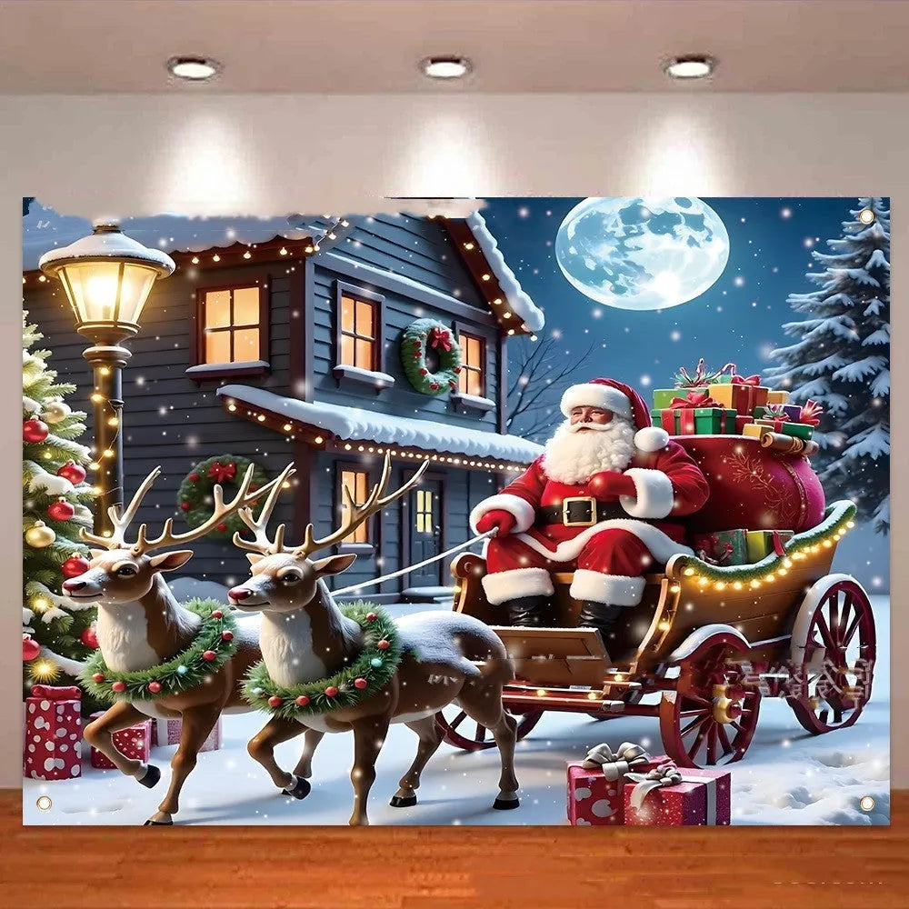 Christmas banner with Santa Claus design and night gift theme, 210 cm wide by 150 cm high