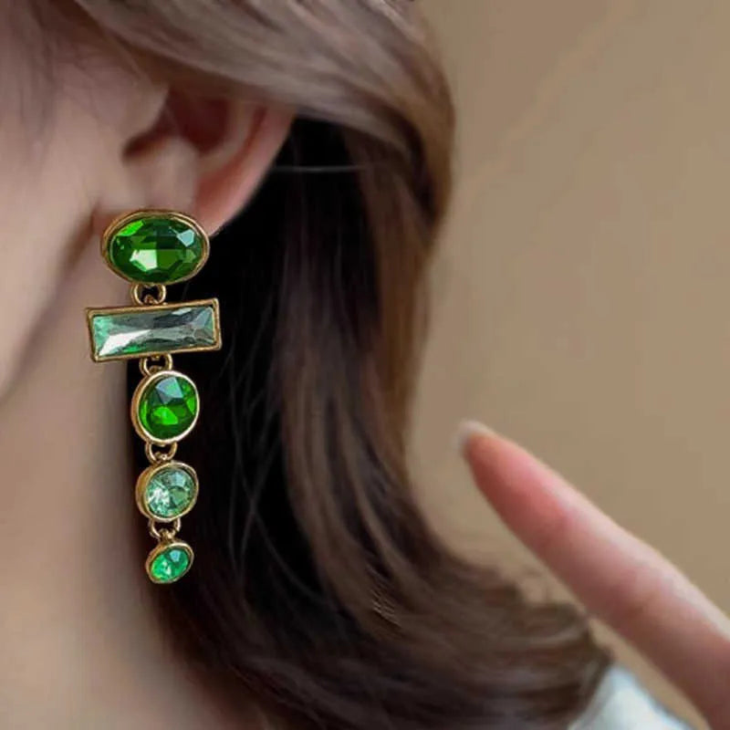 Green gradient geometric Chinese style alloy earrings with zircon studs and tassel pendant