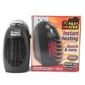 Black compact mini electric heater with digital display and a rotating three-prong plug.
