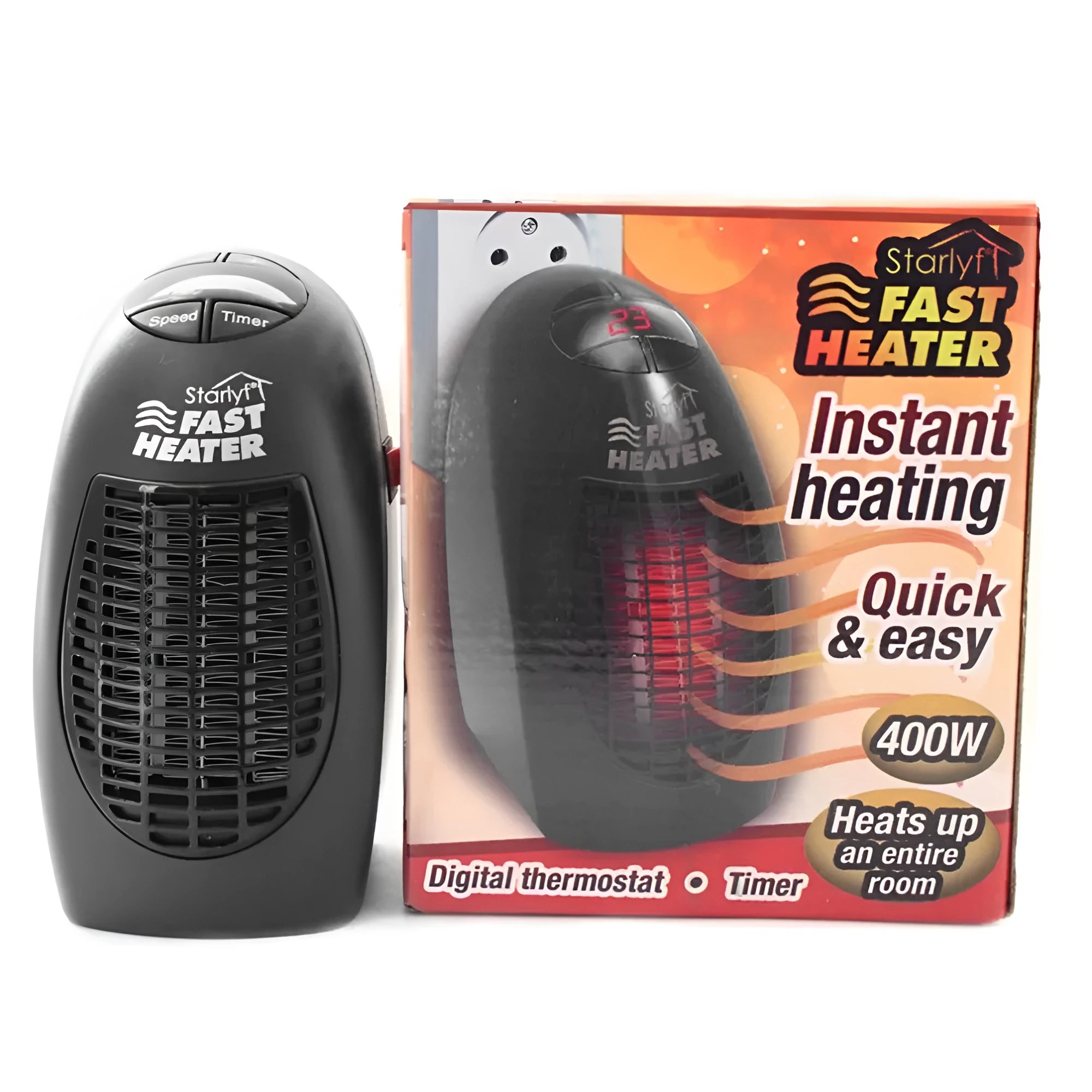 Black compact mini electric heater with digital display and a rotating three-prong plug.