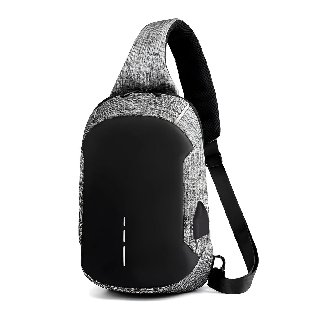 Oxford cloth waterproof chest bag showing front zipper opening and adjustable strap in dark blue colour