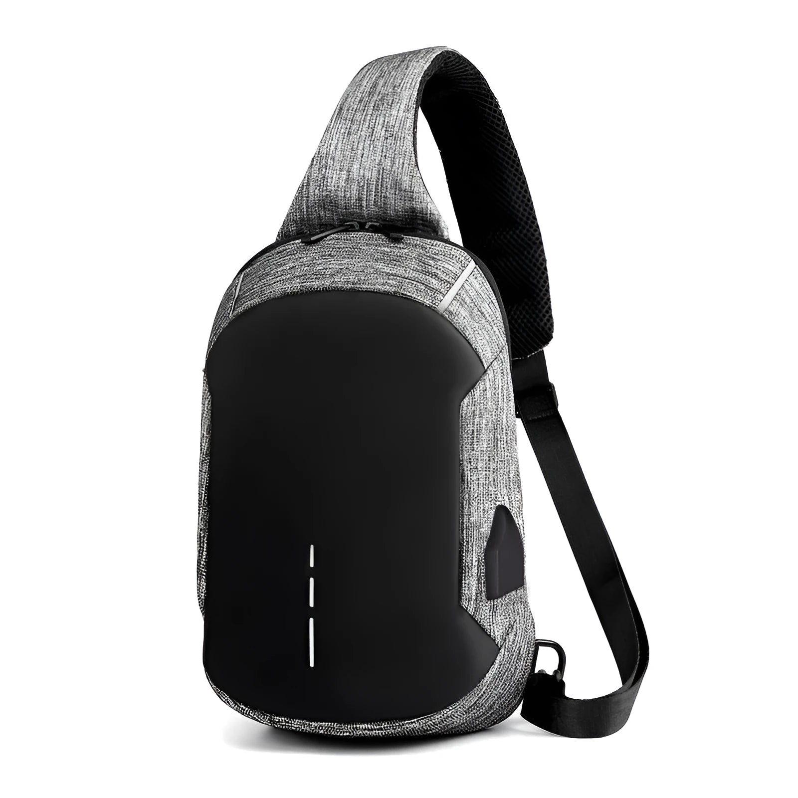 Oxford cloth waterproof chest bag showing front zipper opening and adjustable strap in dark blue colour