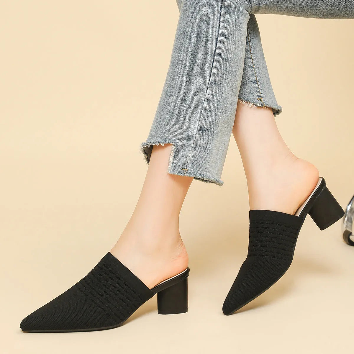 Women's pointed-toe sandals with toe cap bracket, 5cm chunky heel, fabric upper in fishing line colours on rubber sole.