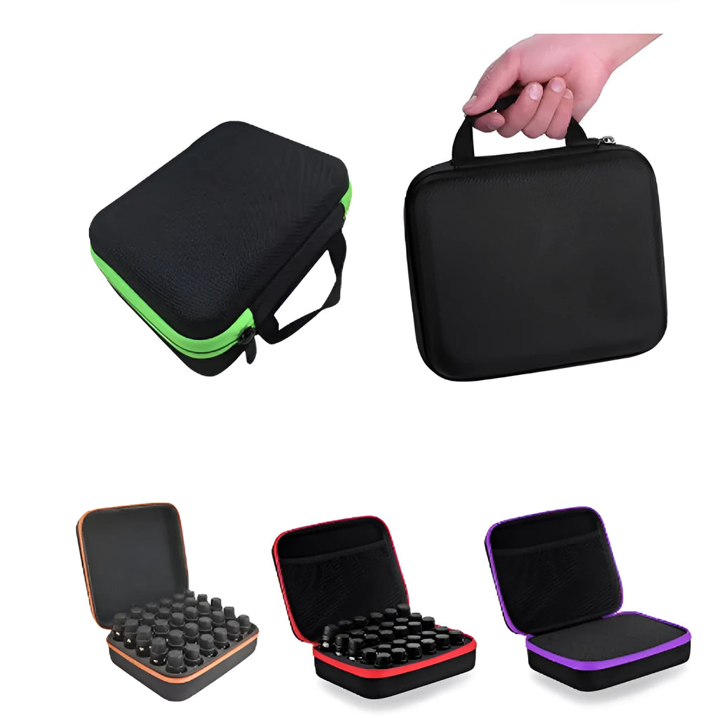 Red EVA essential oil storage bag with 30 clear compartments, shown with bottles, featuring a zip and wall mount.
