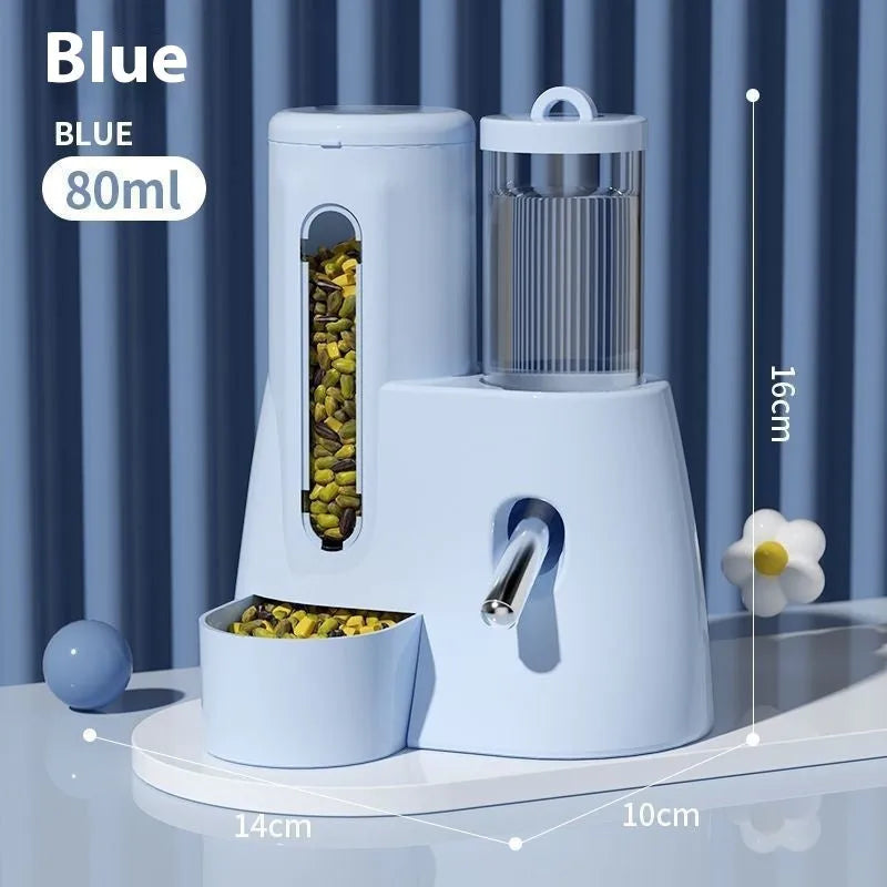Hamster automatic drinking water feeder and food basin in blue colour on white background