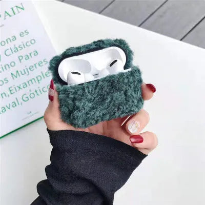 Simple Lamb hard plastic AirPods cover with plush interior in blue, shown next to brown and grey options.