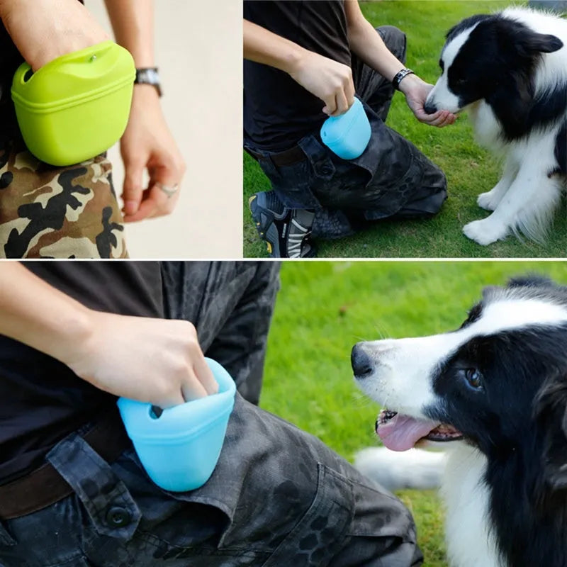 A silicone pet treat waist bag with a clip and magnetic flap closure in various colours.