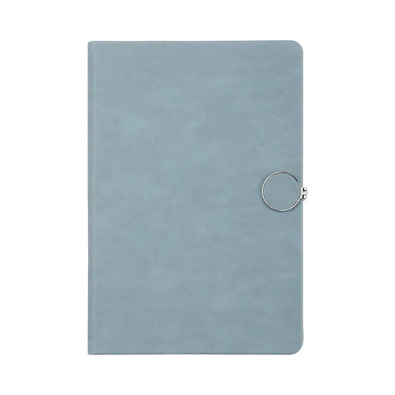 A5 leather-surface student diary with buckle closure, showing grey blue cover and 100 sheets internal paper
