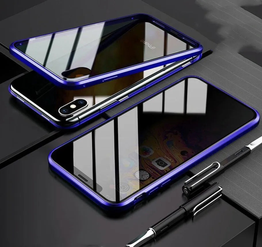 Glass anti-spy clamshell phone case for iPhone in multiple colours showing geometric pattern.