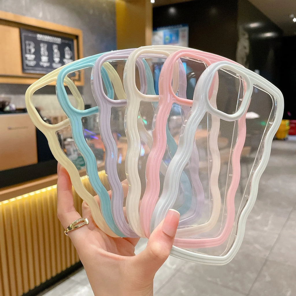 Wave border solid colour TPU phone case for iPhone 17 series in black, blue, light blue, pink, purple, white or yellow