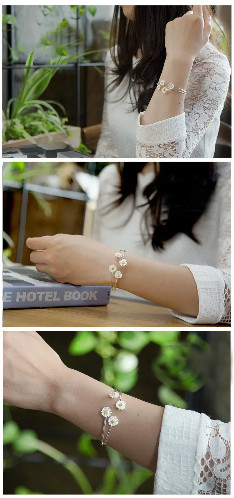 S925 sterling silver double daisy bracelet on a plain background, showing two daisy-shaped elements in a layered design