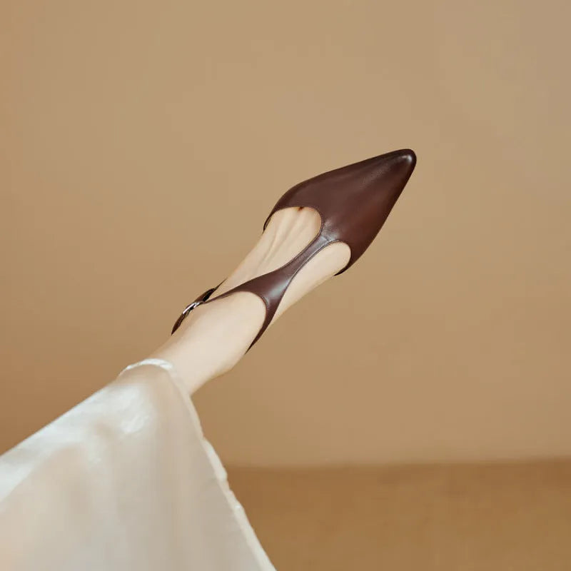 Women's brown cowhide leather pointed-toe high heels in vintage style
