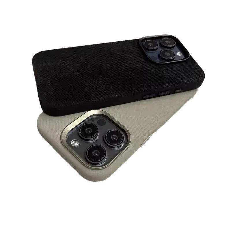 Flannel magnetic suction phone case in plaid pattern for iPhone, available in gray colour