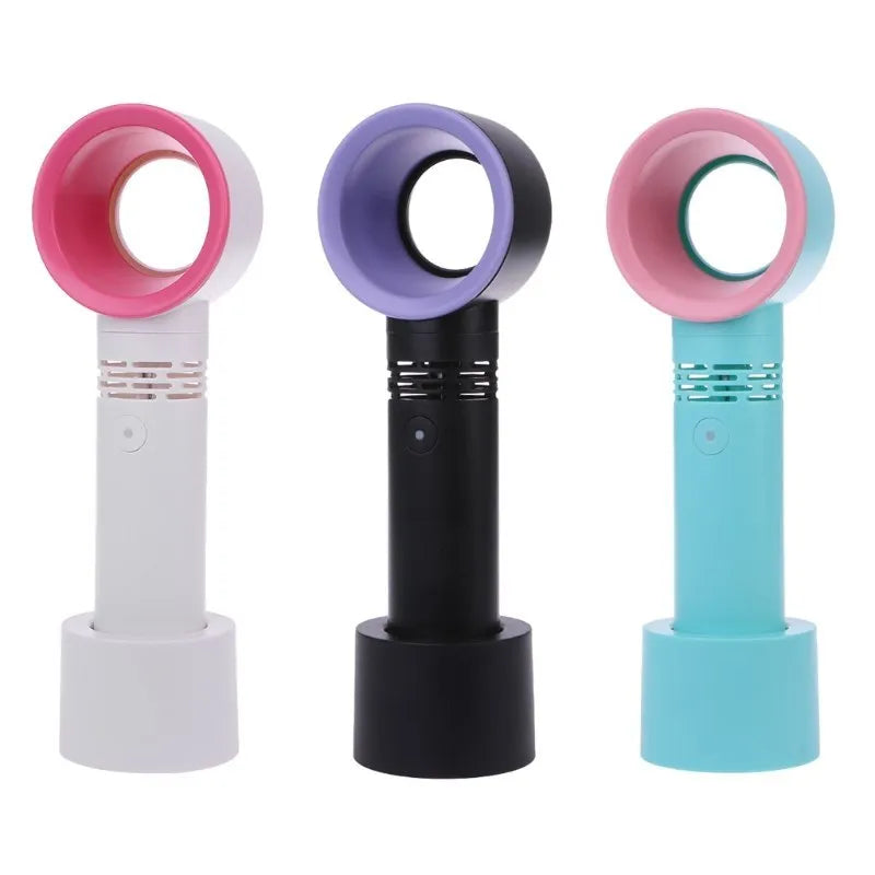 A portable bladeless desk fan with USB charging cable, shown in one of the available colours such as blue, black, or white.