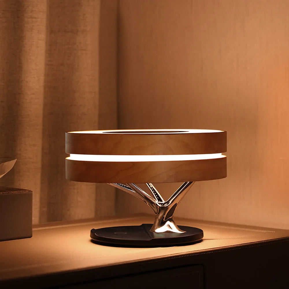 Round intelligent music Bluetooth speaker bed lamp with WiFi and wireless charging in maple brown