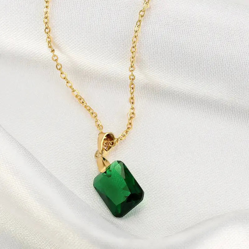 Copper rectangular geometric pendant necklace in XL1006 Green colour on an O-ring chain.