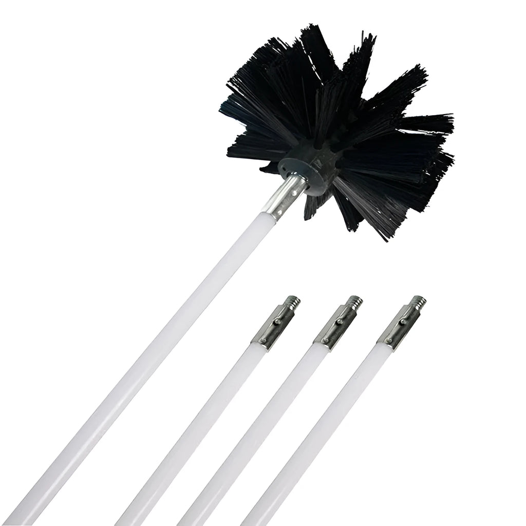 Pipe cleaning brush set with six nylon rods and 100mm diameter galvanised iron wire brush head in blister packaging