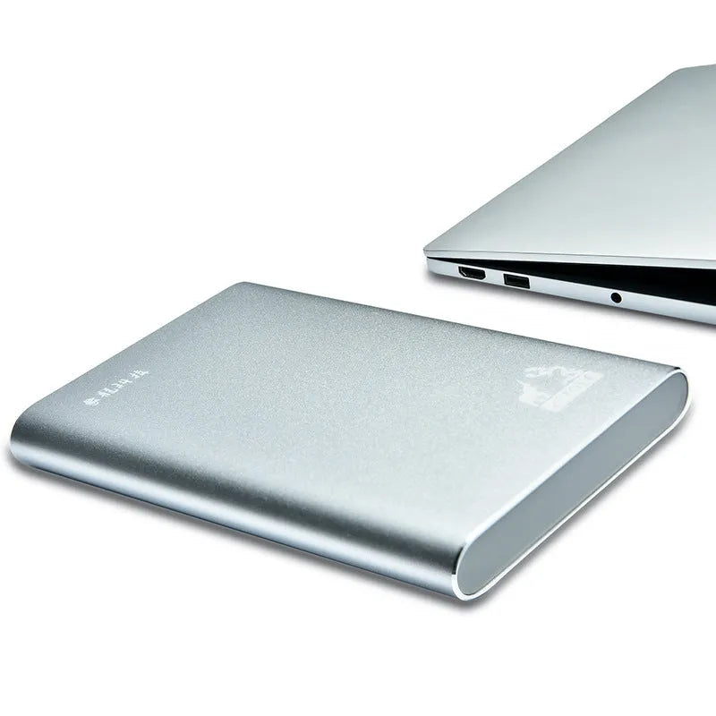 2.5 inch metal external hard drive in black with USB 3.0 cable and indicator light
