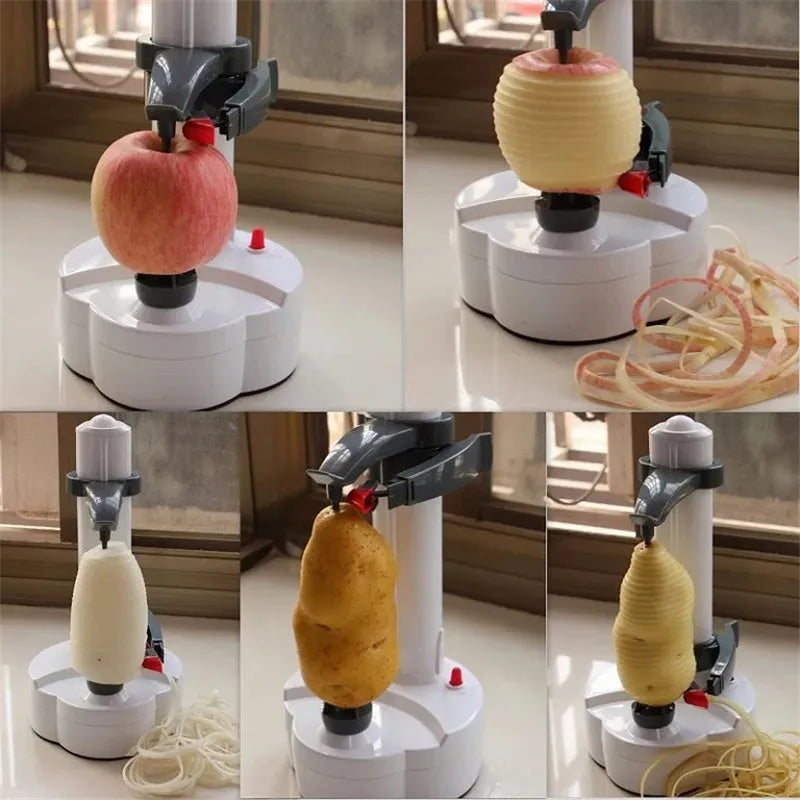 Electric fruit and vegetable peeler with stainless steel blades, white non-slip base, and UK plug on a white background