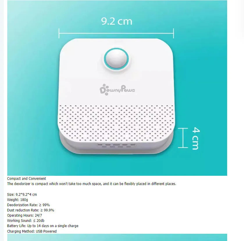 White DownyPaws smart cat litter odour purifier showing compact rectangular design