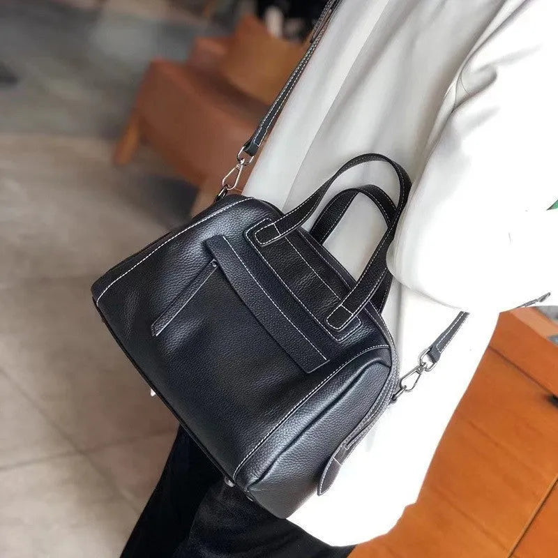 Genuine leather Boston lychee pattern shoulder messenger bag with multiple internal compartments