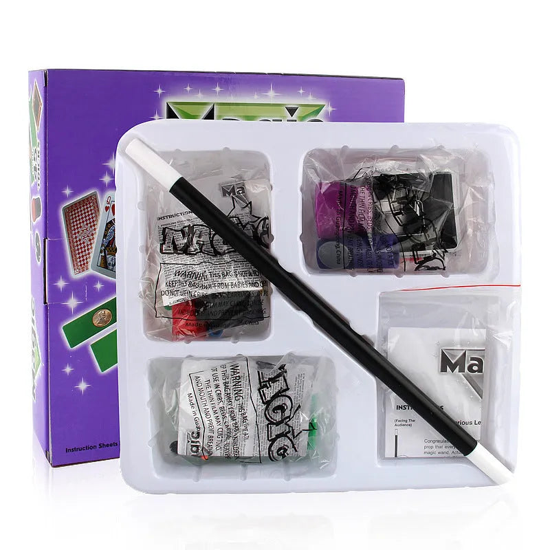 Purple and red plastic magic toy props for children aged 3-7 in a carton.