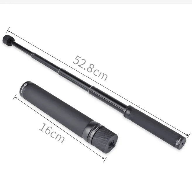 Black retractable selfie stick with handheld stabilizer grip extended for smartphone photography