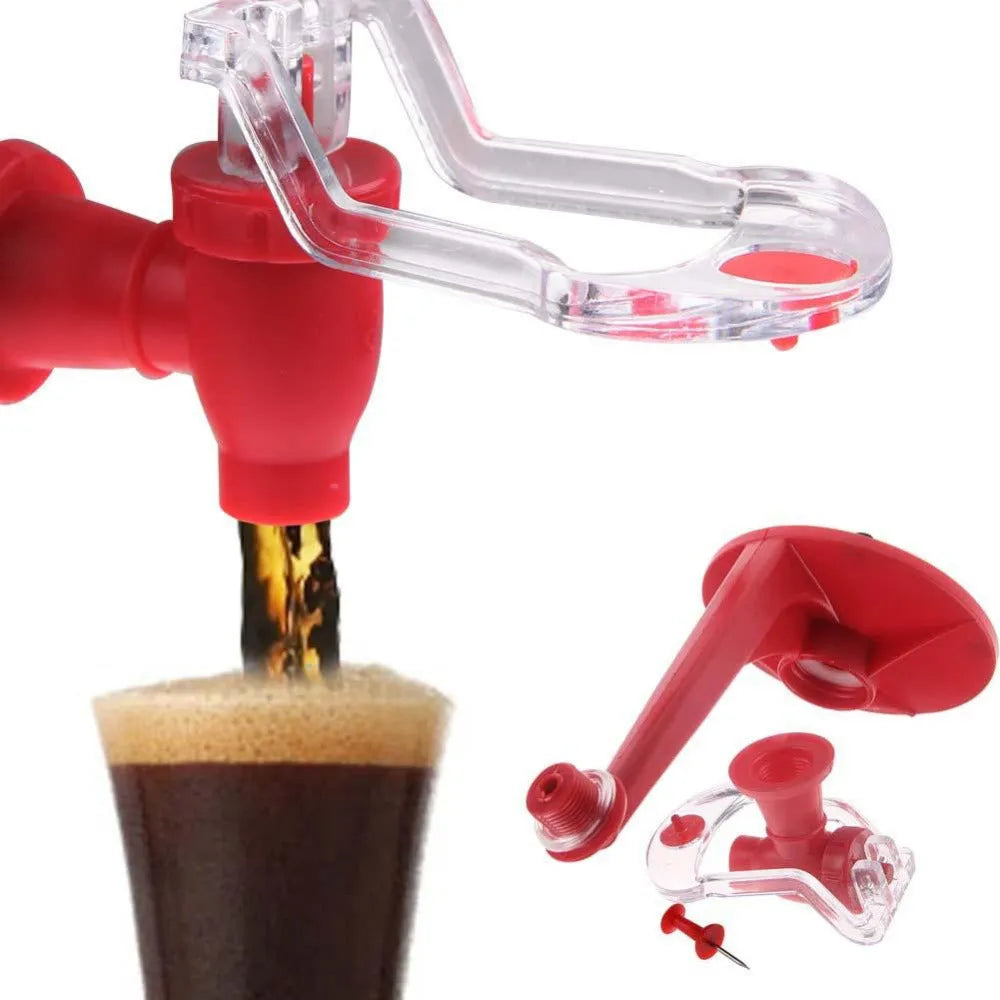 Red plastic Magic Tap soda dispenser attached to inverted 2-litre bottle