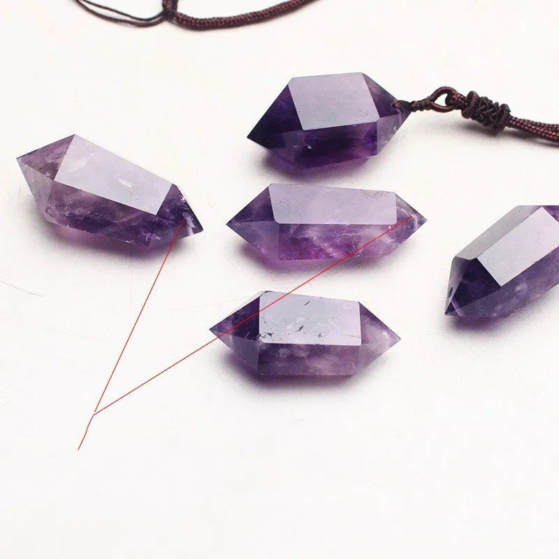 Natural amethyst hexagonal pendant in purple with geometric Korean style, shown as a crystal jewellery piece.