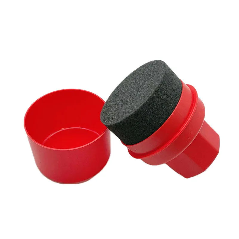 Car tyre polishing sponge brush with lid showing sponge options in black and red colours