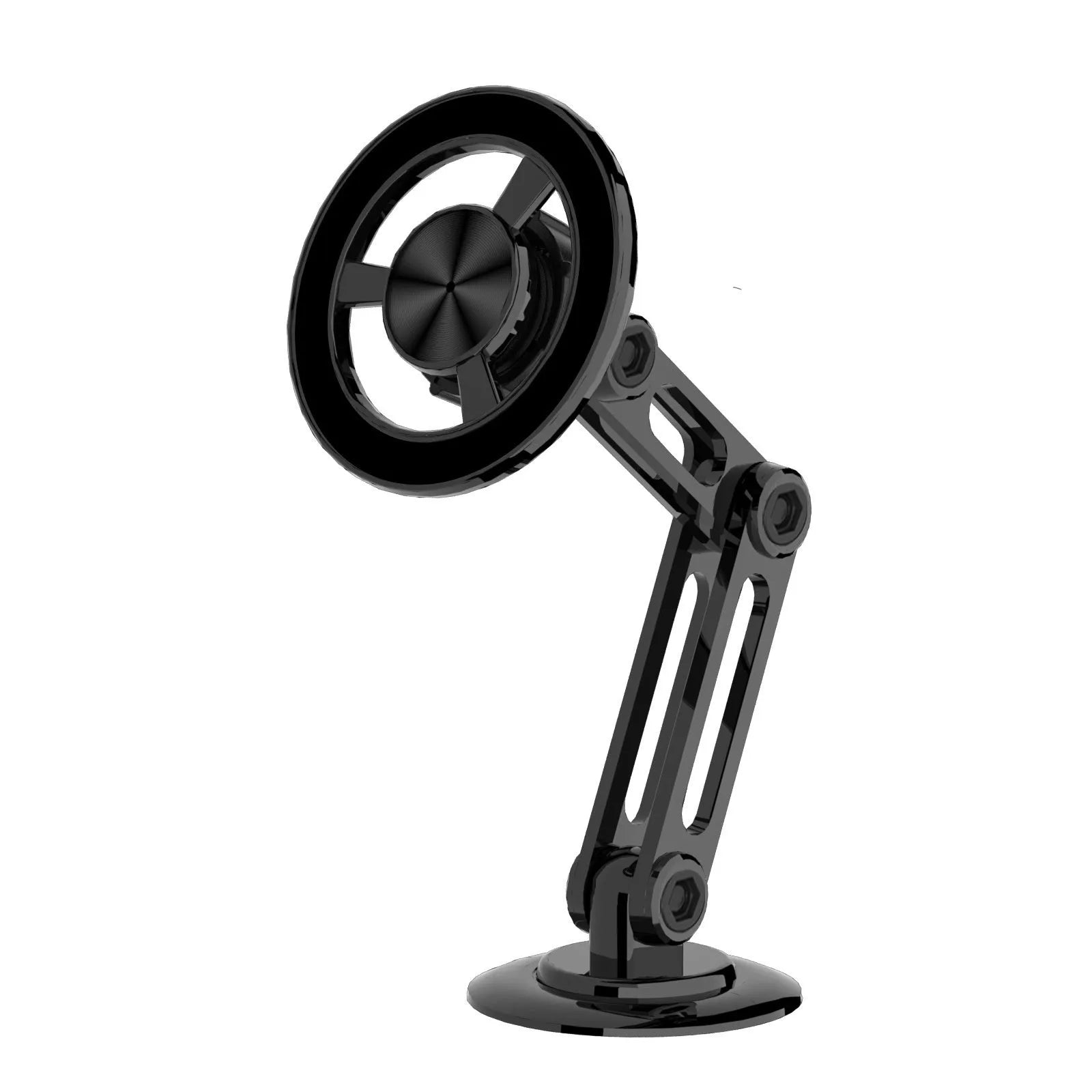 All-metal magnetic car phone holder in silver finish with magnetic ring and adhesive pad