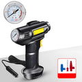 White plastic wireless electric tyre air pump with digital display, charging cable, and three air nozzles on a grey background.