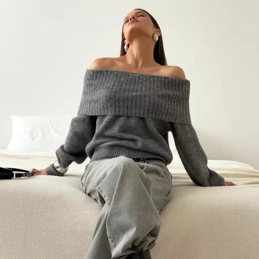 Grey off-the-shoulder strapless pullover sweater with 3D pattern and regular sleeves