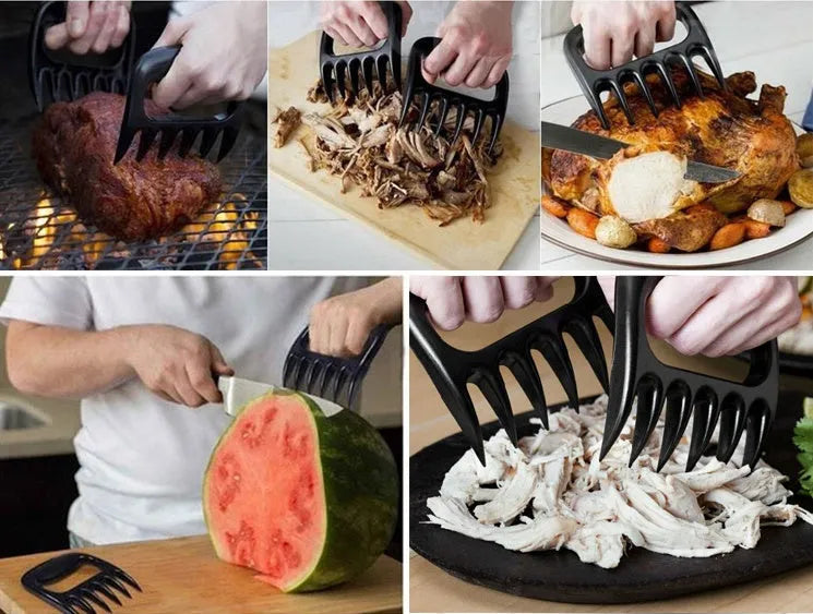 Two black PC bear claw meat shredders on a cutting board, ready for barbecue use