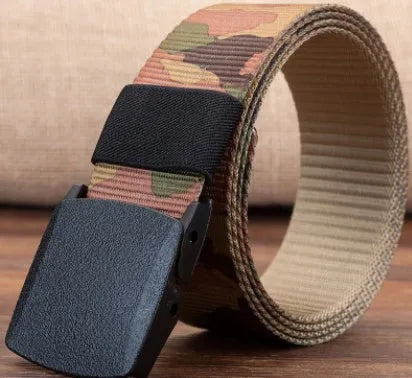 Men's hypoallergenic woven canvas belt with plastic square buckle in green, khaki, and camouflage colours