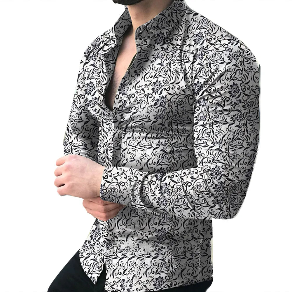 Casual floral shirt with lapel collar, long sleeves, available in multiple colours and sizes M to 5XL