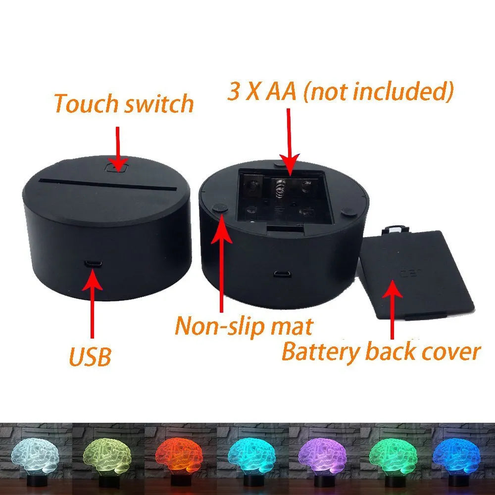 3D acrylic illusion desk lamp with colourful LED lights on a black ABS base, showing remote control.