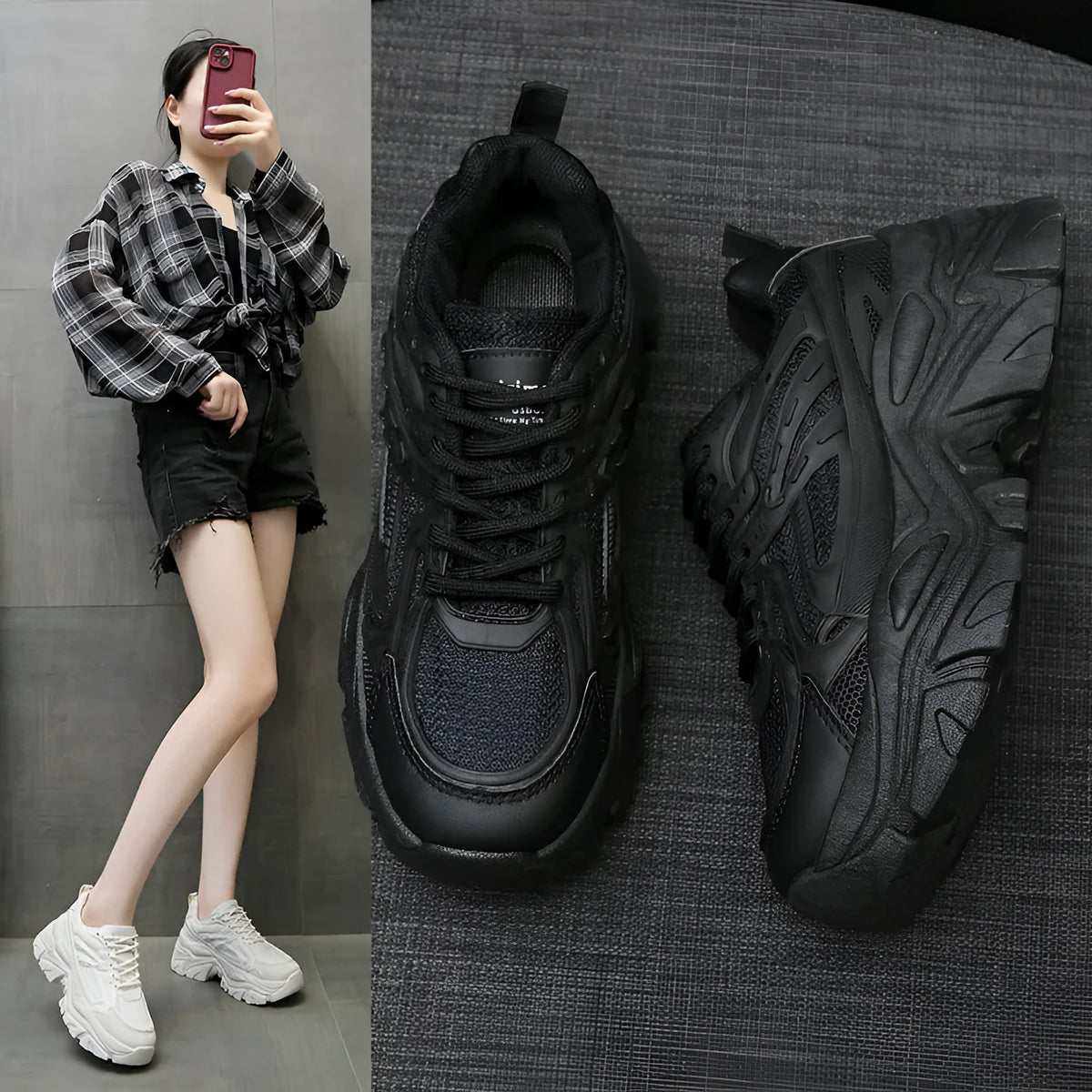 Women's thick bottom breathable tennis shoes with cross shoulder straps in beige and black, sizes 35 to 40