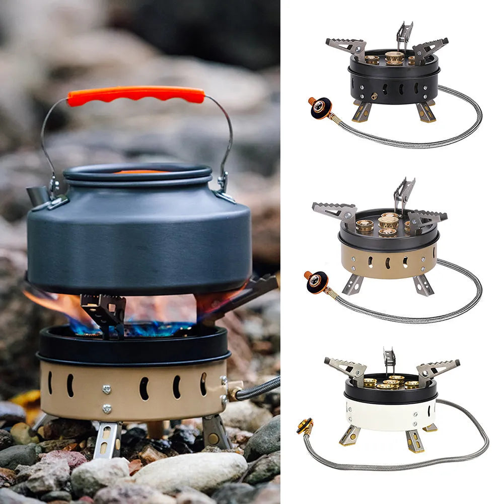Portable windproof camping gas stove in dark khaki with cloth bag, 11000 power butane fuel, 1 kg weight