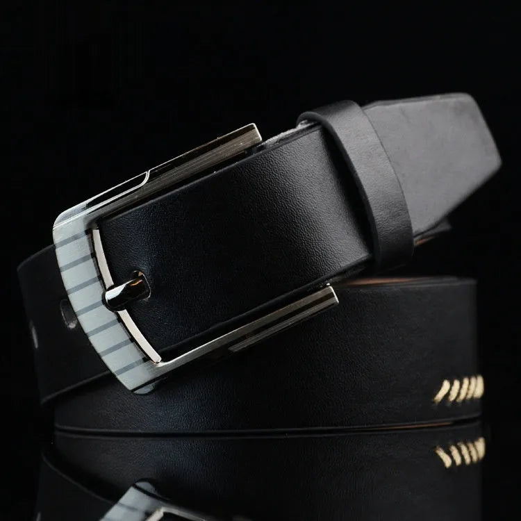 Men's retro pattern imitation leather belt with alloy pin buckle in black, white, or brown colours