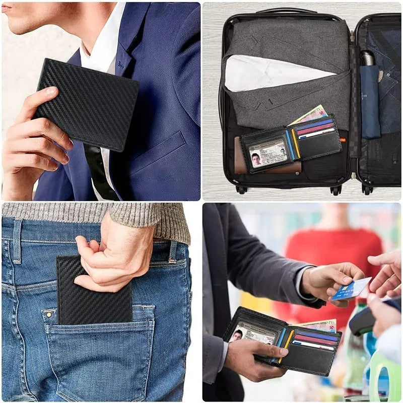 Black men's anti-magnetic wallet with PU leather outer, microfiber lining, and sewing line detail