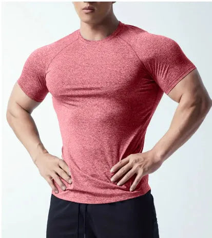 Men's black quick-drying stretch polyester short sleeve T-shirt on a hanger.