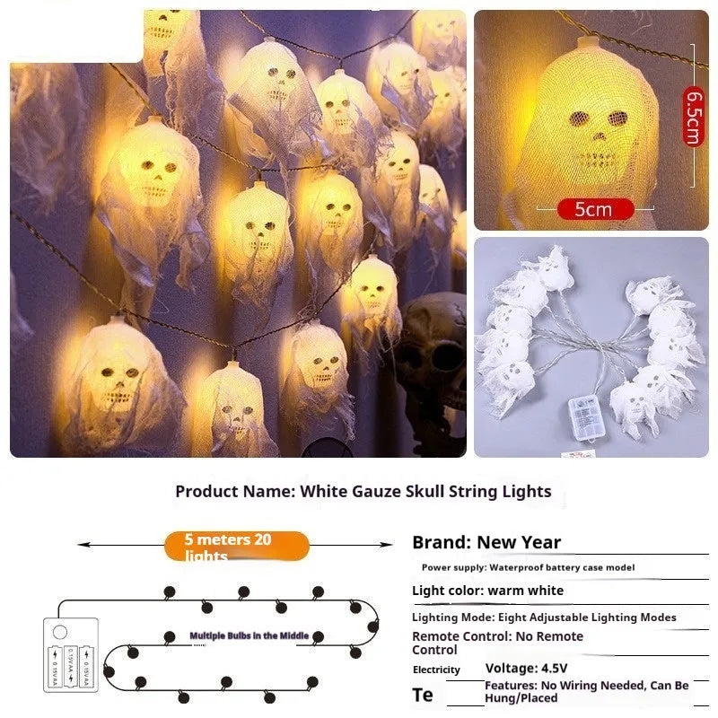 Battery-powered multicolour LED string lights arranged on an indoor wall for Halloween decoration.