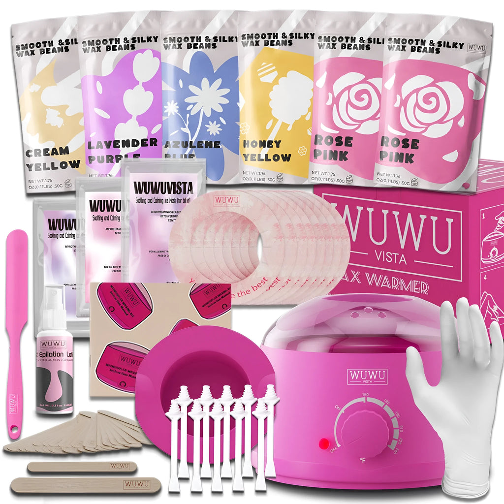 WUWUVISTA professional waxing kit with black wax warmer, coloured wax beads, applicators and aftercare products