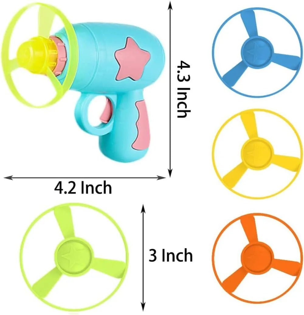 Blue plastic cat toy gun with spinning Frisbee disc for indoor cat play